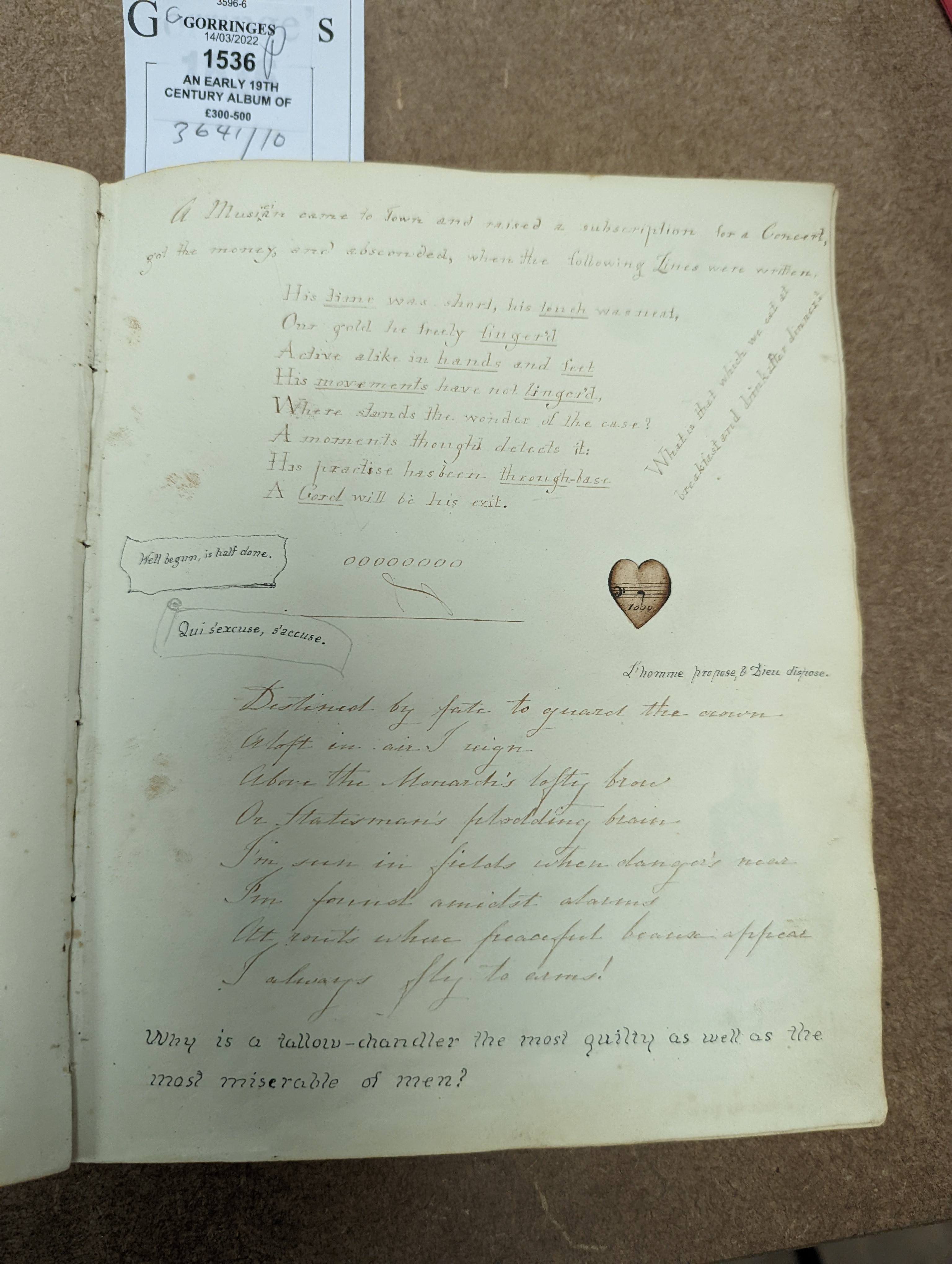 An early 19th century album of 152 watercolours, and pencil and ink drawings, including natural history still life subjects, land and seascapes and vignettes, many with accompanying verse and prose, by approximately 30 d